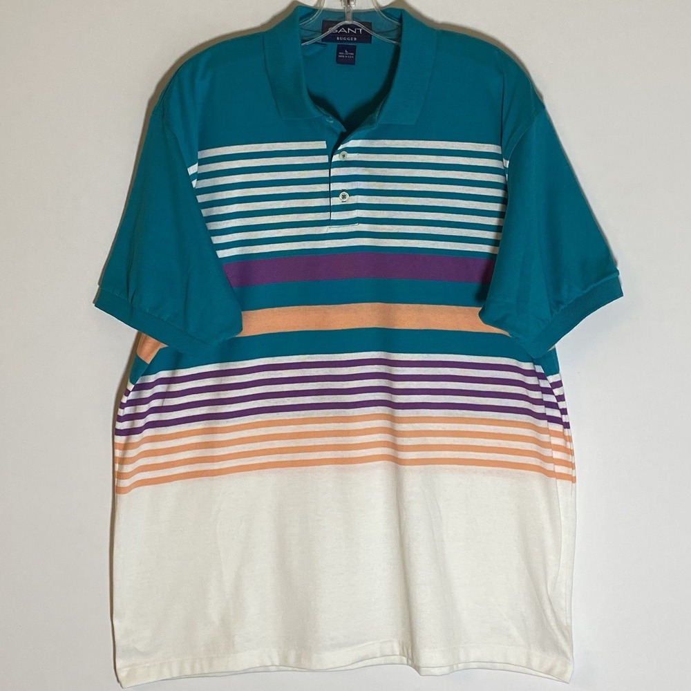 Gant Rugger Shirt Mens Large Multi Striped Colorblock Polo Made USA 80s 90s Nice